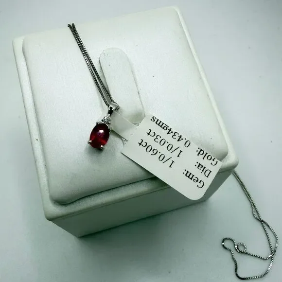 NWT 6x4mm, .60ct Ruby, diamond pendant in WG w/ ~17.75" WG box chain necklace! - Picture 16 of 17